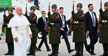 Pope Leo XIV disembarks from his plane after his arrival at Esenboğa International Airport, Ankara, Türkiye, Nov. 27, 2025. (AFP Photo)