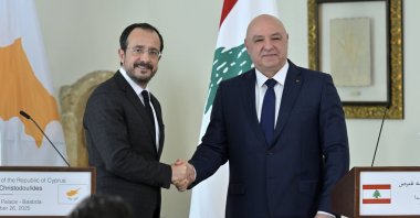 Greek Cypriot leader Nikos Christodoulides (L) shakes hands with Lebanese President Joseph Aoun (R) at the end of their joint press conference, Beirut, Lebanon, Nov. 26, 2025. (EPA Photo)