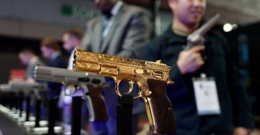 A Sarsılmaz Kılınç 2000 pistol is displayed at the Milipol homeland security and safety fair at the Parc des Expositions de Paris-Nord-Villepinte exhibition center in Villepinte, near Paris, France, Nov. 18, 2025. (Reuters Photo)