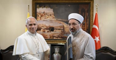 The head of Diyanet, Safi Arpagus, meets with Pope Leo XIV in Ankara, Nov. 27, 2025. (EPA Photo)