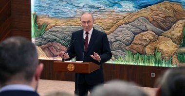 Russia&#039;s President Vladimir Putin meets with the media in Bishkek, Kyrgyzstan, Nov. 27, 2025. (AFP Photo)