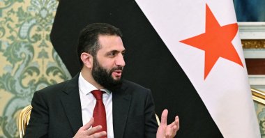 Syria&#039;s President Ahmed al-Sharaa speaks during a meeting with Russia&#039;s President Vladimir Putin in Moscow, Russia, Oct. 15, 2025. (Sputnik via Reuters)