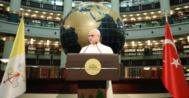 Pope Leo XIV delivers a speech during his visit, Ankara, Türkiye, Nov. 27, 2025. (AA Photo)