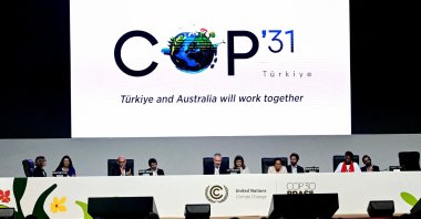 A screen shows the COP31 logo organized jointly by Australia and Türkiye during the COP30 U.N. Climate Change Conference, Belem, Para state, Brazil, Nov. 22, 2025. (AFP Photo)