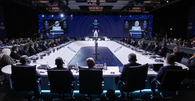 First lady Emine Erdoğan delivers the opening speech while at the high-level panel on food waste and water conservation, Istanbul, Türkiye, Nov. 28, 2025. (AA Photo)