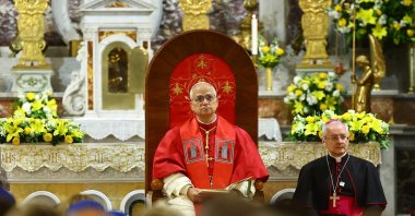 Pope Leo XIV (C) attends a meeting with bishops, priests and pastoral workers at the Saint Esprit Cathedral, Istanbul, Türkiye, Nov. 28, 2025. (EPA Photo)