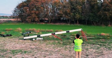 This screen grab from a video shows the Skydagger Toyca-05 fixed-wing drone as it is being launched from a catapult. (Courtesy of Skydagger)