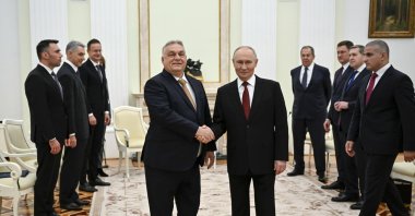 Russian President Vladimir Putin and Hungarian Prime Minister Viktor Orban shake hands during a meeting at the Kremlin in Moscow, Russia, Nov. 28, 2025. (EPA Photo)