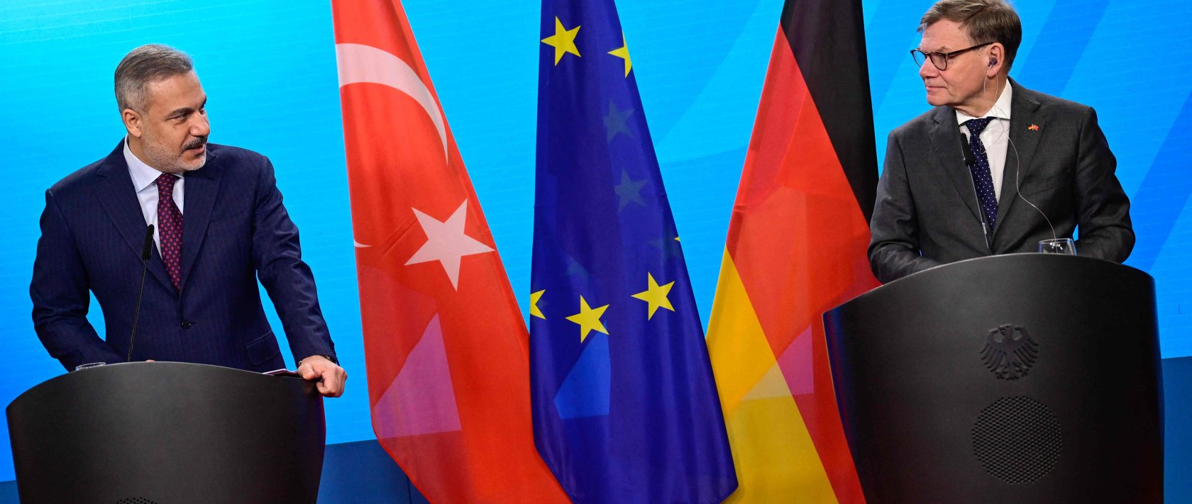 German Foreign Minister Johann Wadephul (R) and Foreign Minister Hakan Fidan attend a joint press conference at the Foreign Ministry, Berlin, Germany, Nov. 28, 2025. (AFP Photo)