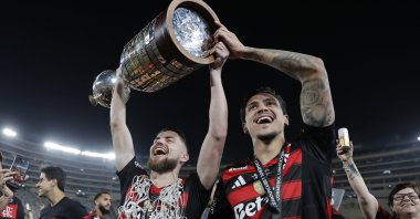 Players of Flamengo celebrate with the trophy after winning the Copa Libertadores final against Palmeiras, in Lima, Peru, Nov. 29, 2025. (EPA Photo)