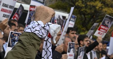 Members of the Ankara Palestine Solidarity Platform protest U.N. Security Council Resolution 2803 and Israel’s attacks on Gaza outside the U.S. Embassy in Ankara, Türkiye, Nov. 29, 2025. (AA Photo) 