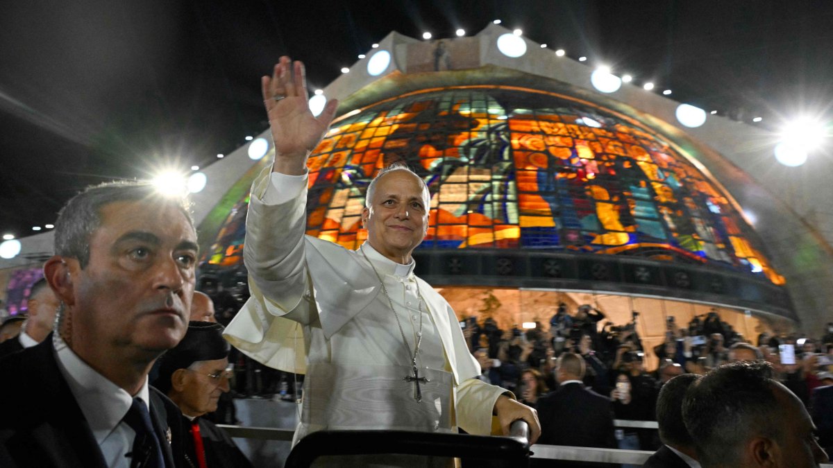 Pope Leo XIV attends a meeting with youths during a visit to the Maronite Patriarchate in Bkerke, north of the capital Beirut, Lebanon, Dec. 1, 2025.  (AFP Photo)