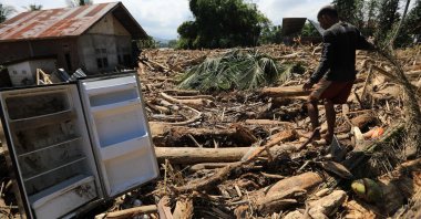 A man walks among large piles of wood that were swept away by the floodwaters in the Meureudu area, Pidie Jaya Aceh, Indonesia, Dec. 1, 2025. (EPA Photo)