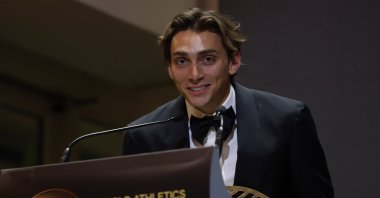 Swedish pole vaulter Armand Duplantis receives Male Field Athlete of the Year during the World Athletics Awards at the Monaco Yacht Club, Monaco, Nov. 30, 2025. (EPA Photo)
