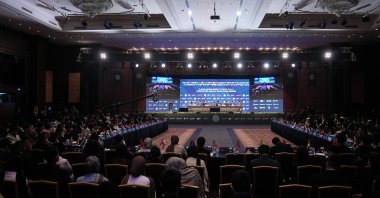 Student delegates present the Istanbul Declaration during the closing session, Istanbul, Türkiye, Dec. 1, 2025. (AA Photo)