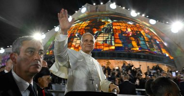 Pope Leo XIV attends a meeting with youths during a visit to the Maronite Patriarchate in Bkerke, north of the capital Beirut, Lebanon, Dec. 1, 2025.  (AFP Photo)