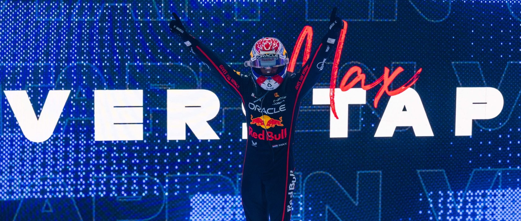 Red Bull Racing&#039;s Dutch driver Max Verstappen celebrates winning the Formula One Qatar Grand Prix at the Lusail International Circuit, Lusail, Qatar, Nov. 30, 2025. (Photo by Andrej ISAKOVIC / AFP)