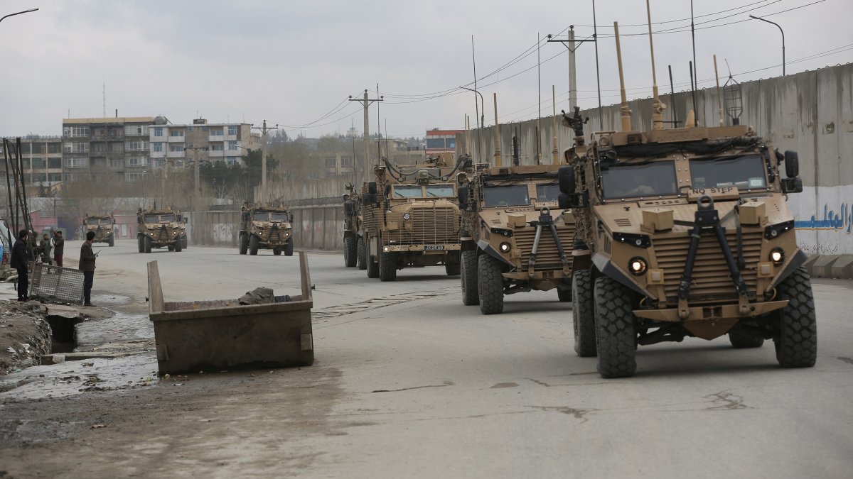 British troops with NATO-led Resolute Support Mission forces travel in Kabul, Afghanistan, March 25, 2020. (AP Photo)