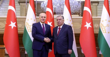 Parliament Speaker Numan Kurtulmuş (L) shakes hands with Tajikistan&#039;s President Emomali Rahmon before their meeting, Dushanbe, Tajikistan, Dec. 2, 2025. (AA Photo)