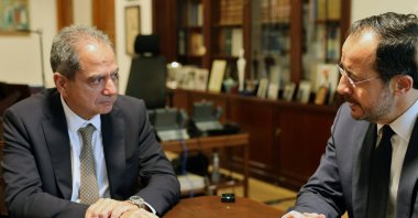 Greek Cypriot administration head Nikos Christodoulides (R) and Lebanese Energy Minister Joseph Saddi talk during a meeting, Lefkoşa (Nicosia), island of Cyprus, Nov. 10, 2025. (Reuters Photo)
