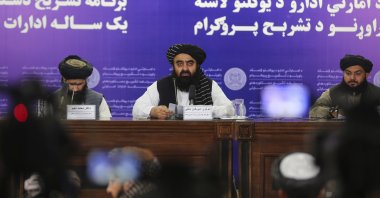 Afghanistan&#039;s Acting Foreign Minister Amir Khan Muttaqi (C) speaks to the media in Kabul, Afghanistan, July 23, 2025. (AP Photo)