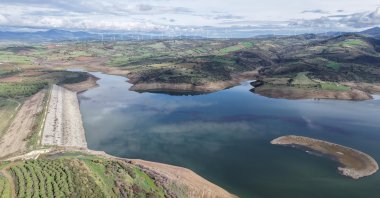 Aerial view shows water reservoirs partially dried due to the ongoing drought in Çanakkale, Türkiye, Dec. 2, 2025. (DHA Photo)