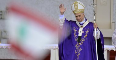 Pope Leo XIV waves at the faithful at the end of a Mass at the waterfront in Beirut, Lebanon, Dec. 2, 2025. (EPA Photo)