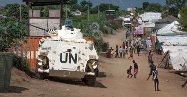 A U.N. armored personnel vehicle stands in a refugee camp in Juba, South Sudan, Aug. 10, 2016. (AP File Photo)