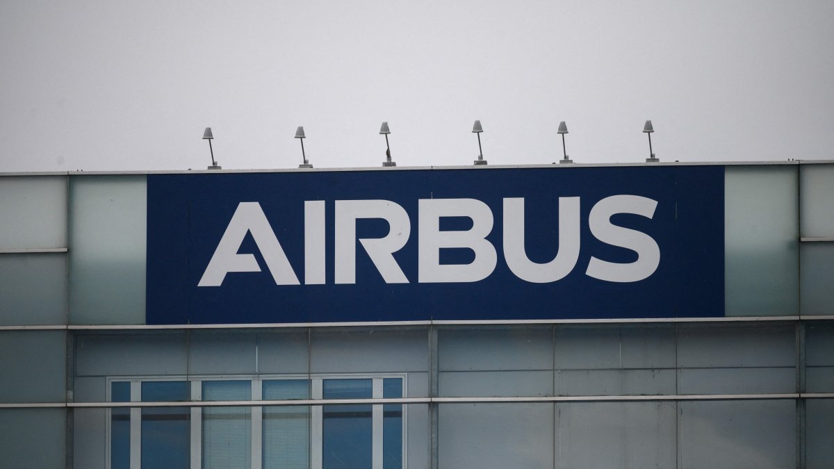 An Airbus logo is displayed at the company&#039;s campus, Blagnac, Toulouse, France, Oct. 16, 2024. (AFP Photo)