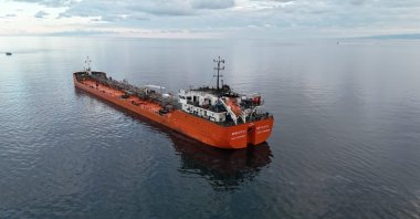 The cargo vessel MIDVOLGA-2, which was attacked while sailing from Russia to Georgia, is seen after reaching the waters off Sinop, northern Türkiye, Dec. 2, 2025. (IHA Photo)