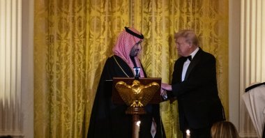 Saudi Crown Prince Mohammed bin Salman shakes hands with U.S. President Donald Trump at a dinner at the White House, Washington, U.S., Nov. 18, 2025. (EPA Photo)