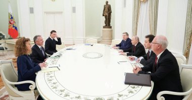 Russian President Vladimir Putin, presidential envoy Kirill Dmitriev and foreign policy aide Yuri Ushakov attend a meeting with U.S. President Donald Trump&#039;s special envoy Steve Witkoff and son-in-law Jared Kushner at the Kremlin in Moscow, Russia, Dec. 2, 2025. (Reuters Photo)