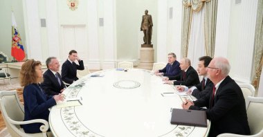 Russian President Vladimir Putin, presidential envoy Kirill Dmitriev and foreign policy aide Yuri Ushakov attend a meeting with U.S. President Donald Trump&#039;s special envoy Steve Witkoff and son-in-law Jared Kushner at the Kremlin in Moscow, Russia, Dec. 2, 2025. (Reuters Photo)