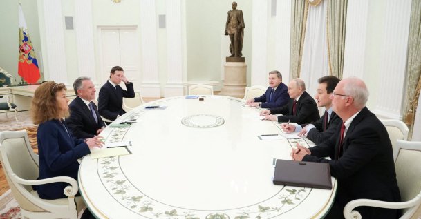 Russian President Vladimir Putin, presidential envoy Kirill Dmitriev and foreign policy aide Yuri Ushakov attend a meeting with U.S. President Donald Trump&#039;s special envoy Steve Witkoff and son-in-law Jared Kushner at the Kremlin in Moscow, Russia, Dec. 2, 2025. (Reuters Photo)