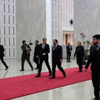 Syrian Foreign Minister Asaad al-Shaibani (C R) arrives for a reception with the U.N. Security Council delegation at the presidential palace in Damascus, Syria, Dec. 4, 2025. (EPA Photo)