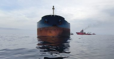 The Russian-linked Kairos tanker is seen after a naval drone attack in the Black Sea, Nov. 30, 2025. (AA Photo)