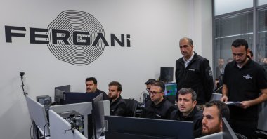 The launch process of the national orbital transfer vehicle (OTV), FGN-TUG-S01, is monitored live via a video link from the Space Observation and Control Center at the Özdemir Bayraktar National Technology Center by Fergani Space CEO Selçuk Bayraktar (3rd R) and the engineering team, Istanbul, Türkiye, Dec. 2, 2025. (AA Photo)