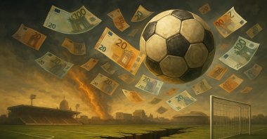 An AI-illustration shows a giant football hovering over a fractured pitch as banknotes swirl through a stormy sky, symbolizing the financial fault lines and widening imbalance in European football’s transfer market. (Daily Sabah Illustrations)