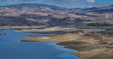 An aerial view of the partially emptied Çamlıdere Dam shows the visibly reduced water levels in Ankara, Türkiye, Dec. 3, 2025. (AA Photo)