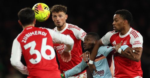 Arsenal&#039;s Martin Zubimendi (L), Ben White (2L) and Jurrien Timber (R) vie with Brentford&#039;s Dango Ouattara during the English Premier League football match at the Emirates Stadium, London, U.K., Dec. 3, 2025. (AFP Photo)