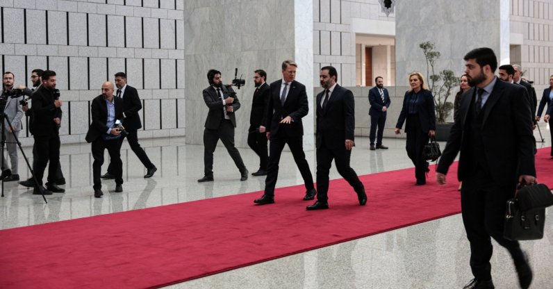Syrian Foreign Minister Asaad al-Shaibani (C R) arrives for a reception with the U.N. Security Council delegation at the presidential palace in Damascus, Syria, Dec. 4, 2025. (EPA Photo)