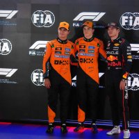 (L-R) McLaren&#039;s Lando Norris, Oscar Piastri and Red Bull&#039;s Max Verstappen after the second qualifying session at the Lusail International Circuit ahead of the Qatar Formula One Grand Prix, Lusail, Qatar, Nov. 29, 2025. (AP Photo)