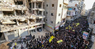 Mourners carry the coffin of top Hezbollah chief Haytham Ali Tabatabai and others killed in an Israeli strike a day earlier, during their funeral, Beirut, Lebanon, Nov. 24, 2025. (AFP Photo)