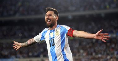 Argentina&#039;s Lionel Messi celebrates after scoring during the World Cup South American Qualifiers match against Bolivia at Estadio Mas Monumental, Buenos Aires, Argentina, Oct. 15, 2024. (Reuters Photo)