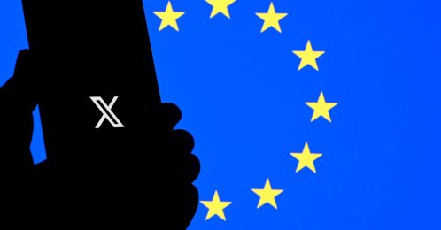 This illustration photograph shows the logo of X social media platform displayed on a smartphone in front a Euopean Union flag, Brussels, Belgium, Sept. 29, 2025. (AFP Photo)