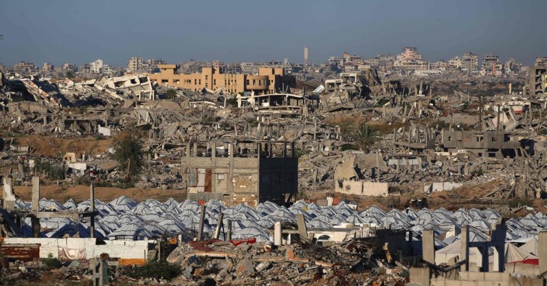 A camp amid the rubble of destroyed buildings in the Nuseirat camp for displaced Palestinians in the central Gaza Strip, Dec. 2, 2025. (AFP Photo)