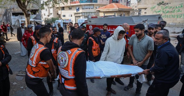 Bodies of three Palestinians, including a civil defense worker, are brought to al-Shifa Hospital after an Israeli drone strike hit the Atatara area of Beit Lahiya in northern Gaza, Dec. 6, 2025. (AA Photo)