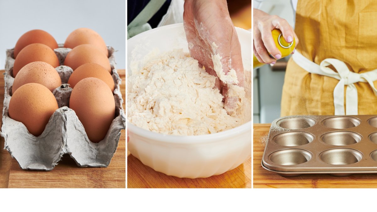This combination of photos shows eggs, shortbread dough and a muffin tin being prepped for baking. (AP Photo)