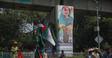 A wall painting depicting former Prime Minister Sheikh Hasina is displayed during her verdict day announcement, Dhaka, Bangladesh, Nov. 13,  2025. (EPA Photo)