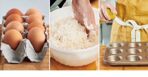 This combination of photos shows eggs, shortbread dough and a muffin tin being prepped for baking. (AP Photo)